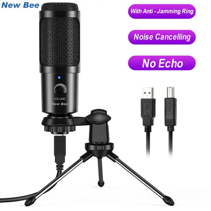 Black new bee usb microphone with textured grille and volume control on tripod stand for recording vocals with shock mount