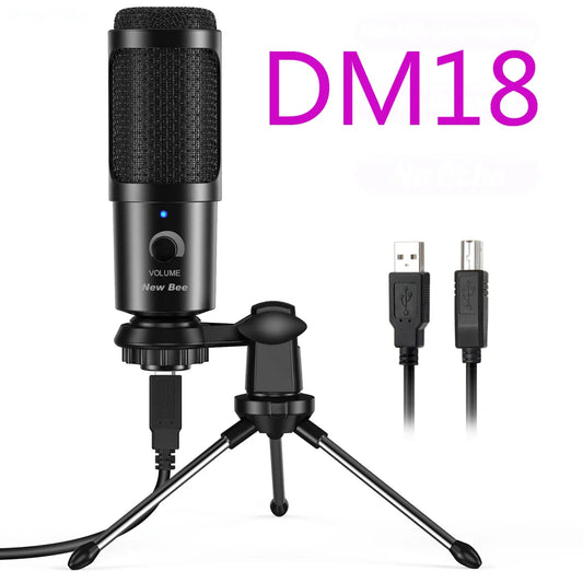 Black new bee usb microphone condenser with mesh grille and volume control knob for recording vocals with shock mount