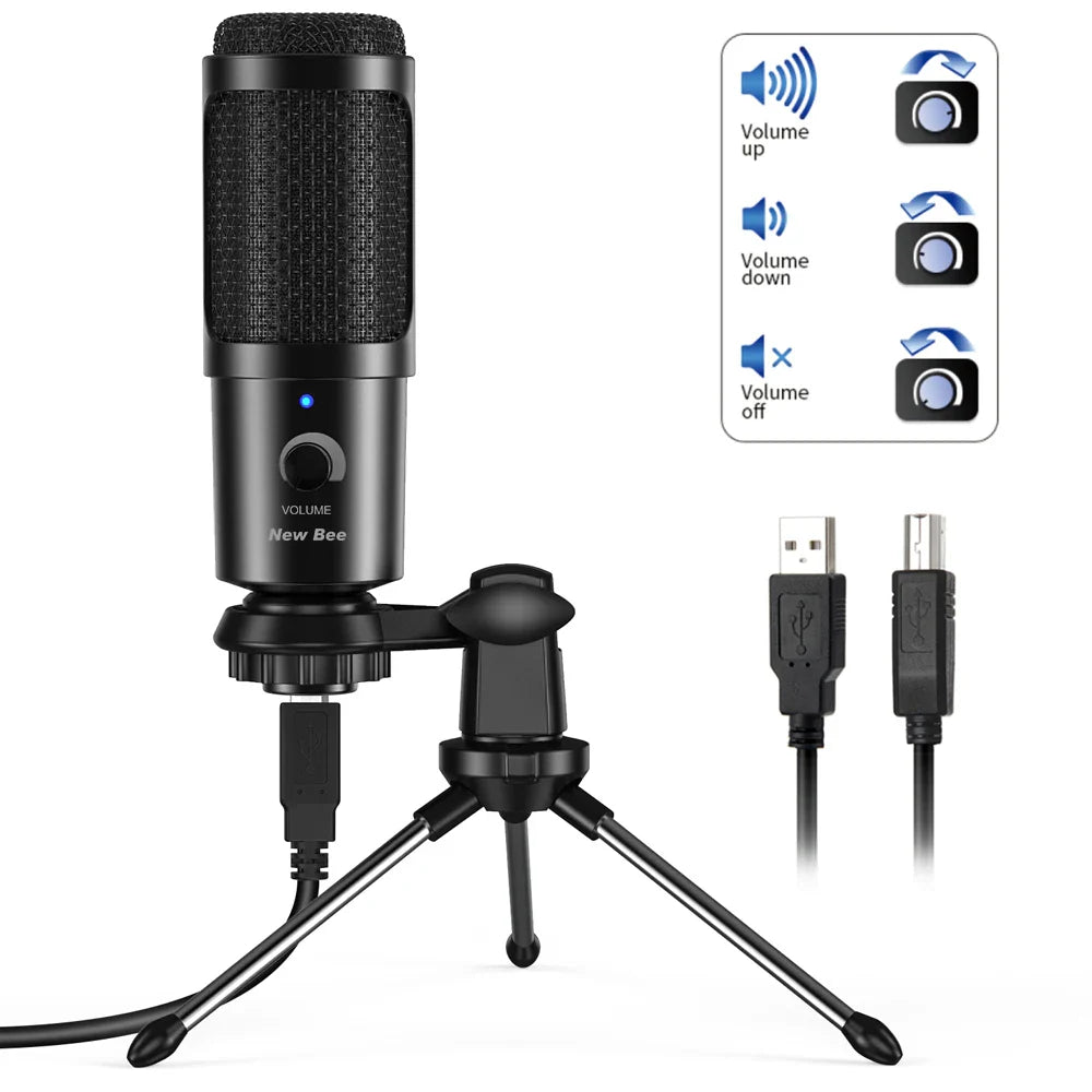Black new bee usb microphone with textured grille volume control knob and shock mount for recording vocals and streaming