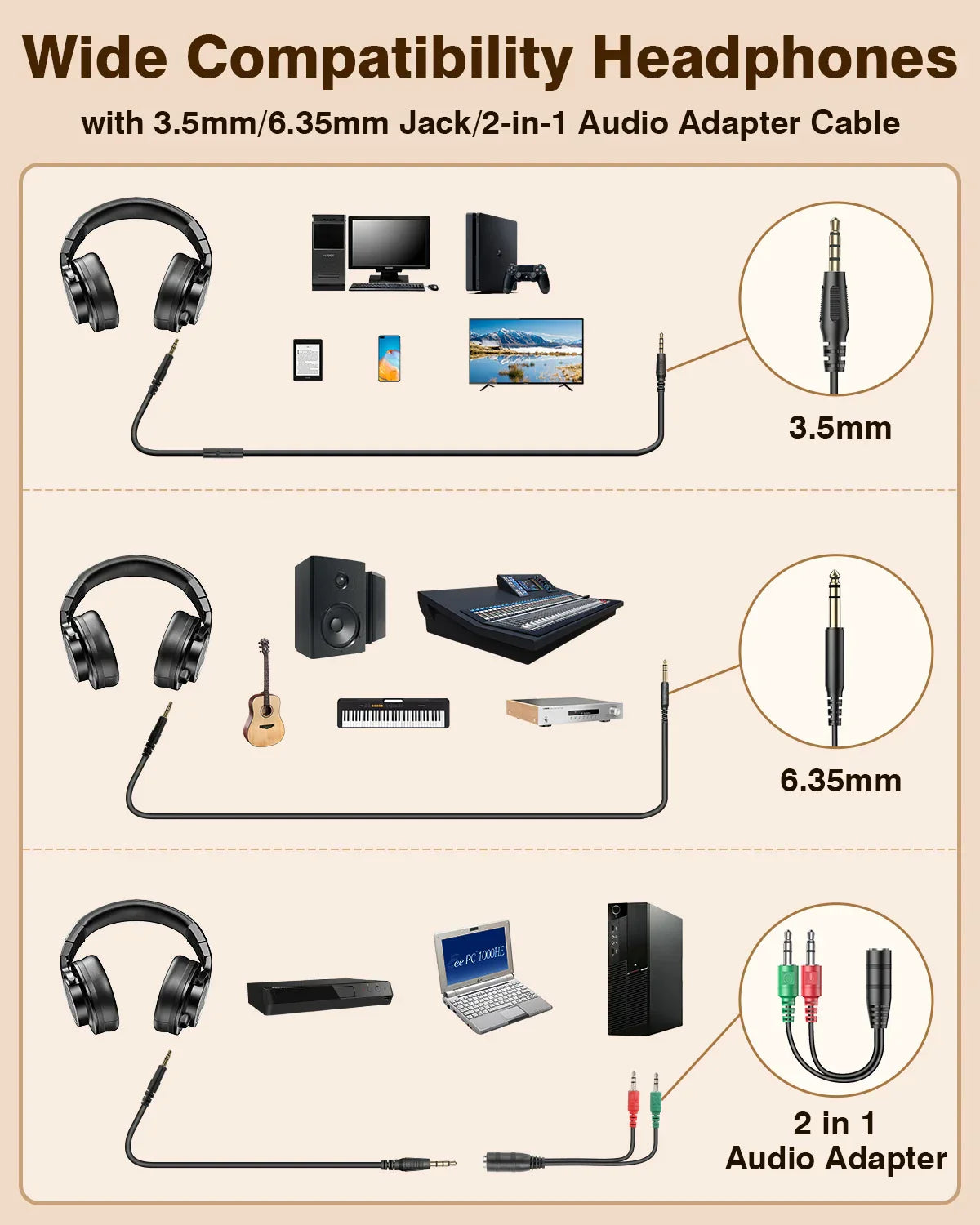 Black New Bee wired over-ear studio headphone monitor with 3.5mm and 6.35mm adapter for music professional studio use