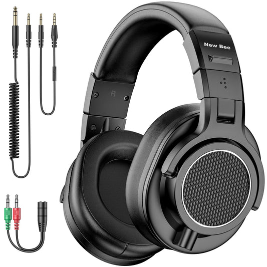 Black new bee wired studio headphone monitor with padded earcups sleek design for professional monitor music use