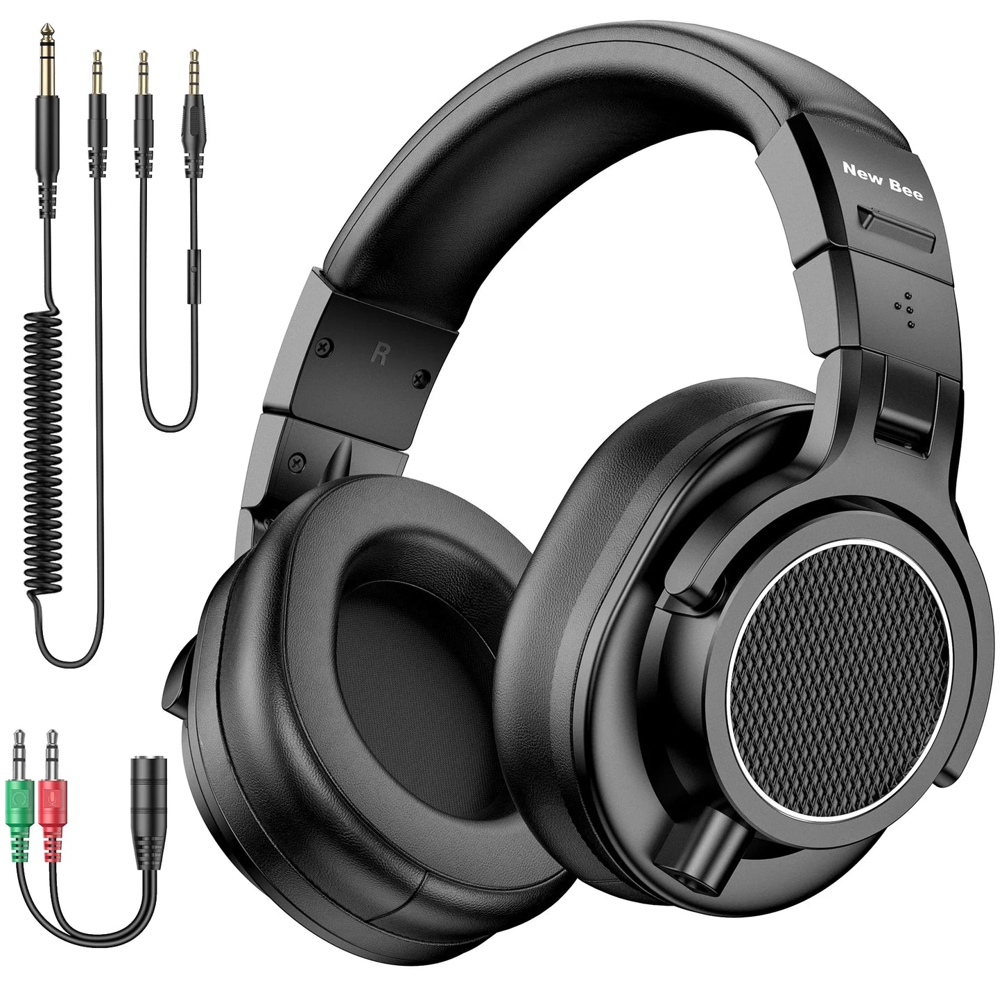 Black new bee wired hi-res studio headphone monitor with matte finish padded earcups for music professional studio use