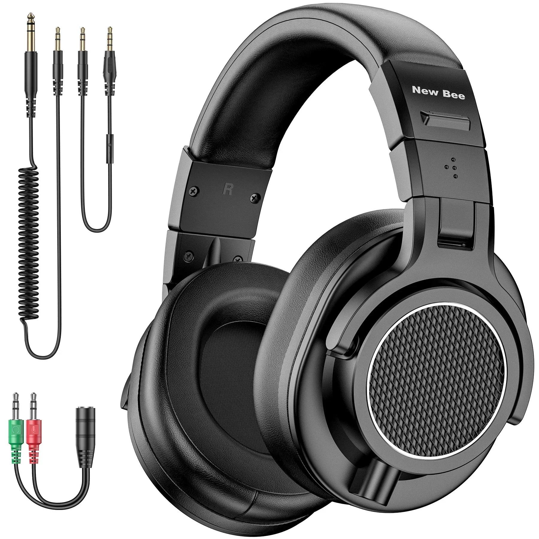 Black new bee wired over ear studio headphone monitor with matte finish padded earcups and textured grille design