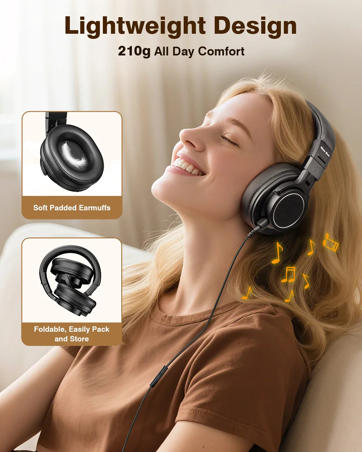 Black new bee wired over-ear studio headphone monitor with soft padded earcups foldable design for music professional studio