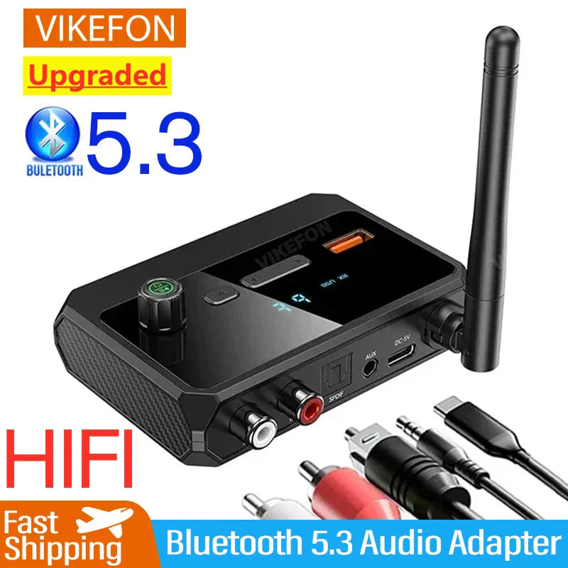 Black vikefon bluetooth 5.3 audio receiver with textured surface, external antenna, rca and usb ports for bluetooth audio cable use