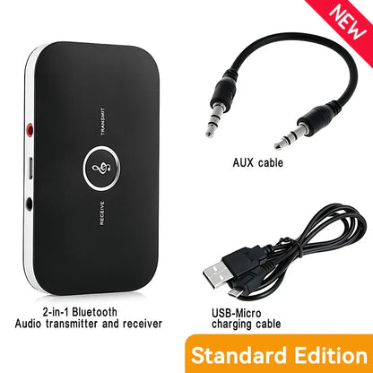 Black rectangular 2-in-1 bluetooth 5.3 music wireless adapter with silver button wireless adapter 600mah for computer tv headset