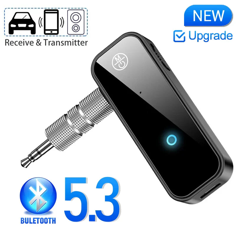 Black bluetooth 5.3 car audio music aux handsfree headset adapter with silver 3.5mm jack and blue indicator light