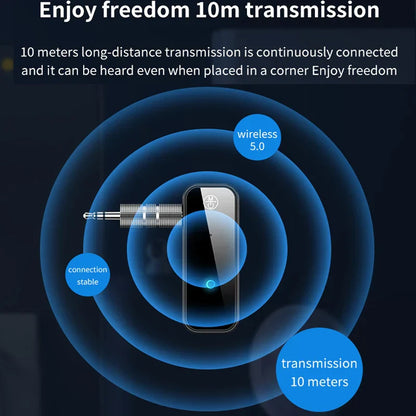 Black bluetooth 5.3 transmitter receiver with silver 3.5mm jack for stable 10m car audio music aux handsfree headset use