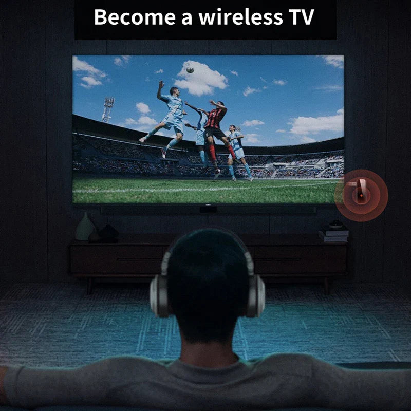 A sleek modern wireless tv showing a vibrant soccer match highlighting the new bluetooth 5.3 transmitter receiver aux handsfree headset for car audio music