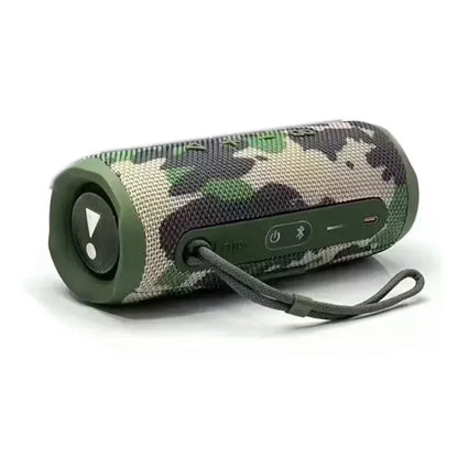Camouflage-patterned jbl charge 5 portable bluetooth speaker with textured fabric and green accents for outdoor subwoofer wireless use