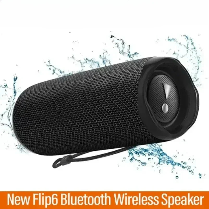 Black textured fabric outdoor subwoofer wireless bluetooth speaker with circular control panel and integrated lanyard