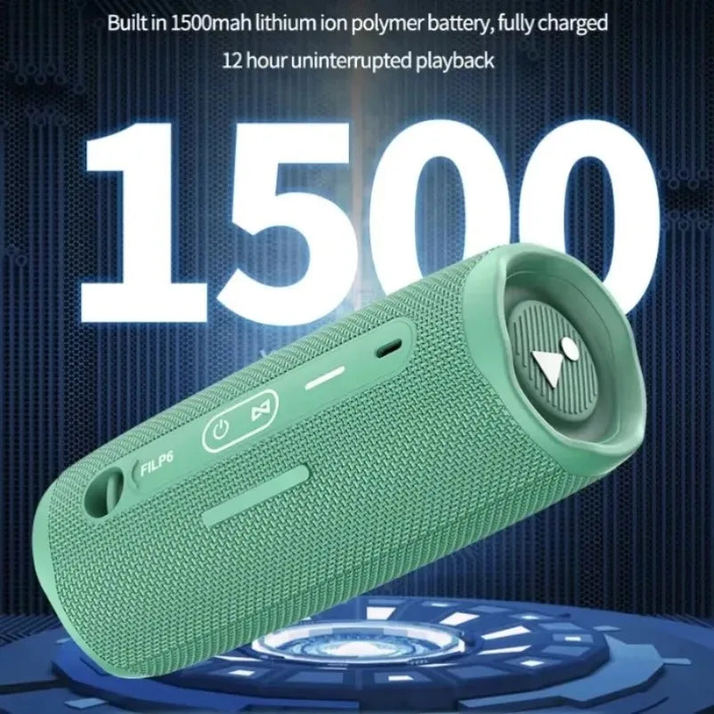 A mint green textured fabric portable bluetooth speaker with circular control panel and filp6 model ideal for outdoor subwoofer wireless use