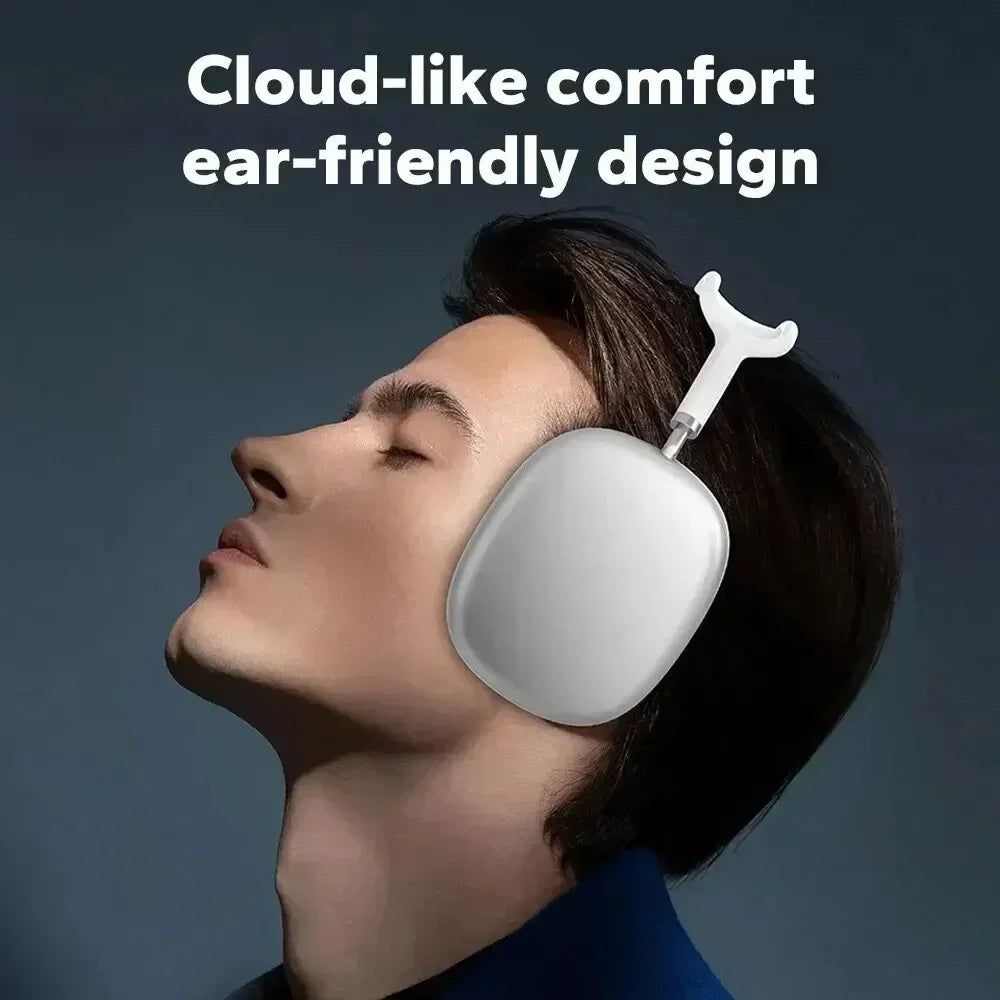 White sleek bluetooth wireless headset with mic featuring cloud-like comfort design for sports gaming and seamless phone connectivity