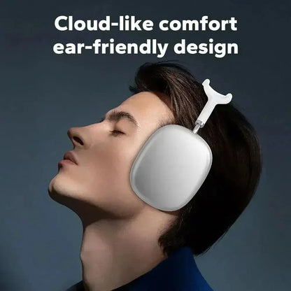 White sleek bluetooth wireless headset with mic featuring cloud-like comfort design for sports gaming and seamless phone connectivity