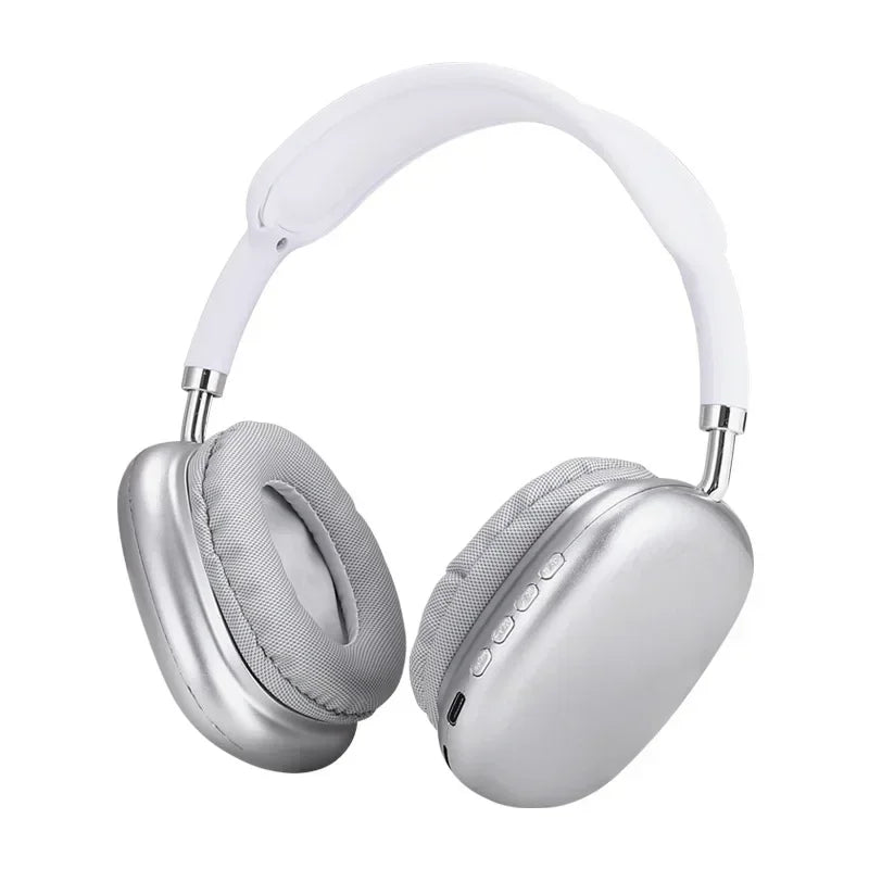 Silver bluetooth wireless headset with white padded headband and fabric earcups designed for sports gaming and seamless phone connectivity