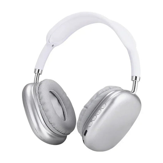 Silver bluetooth wireless headset with white padded headband and fabric earcups designed for sports gaming and seamless phone connectivity