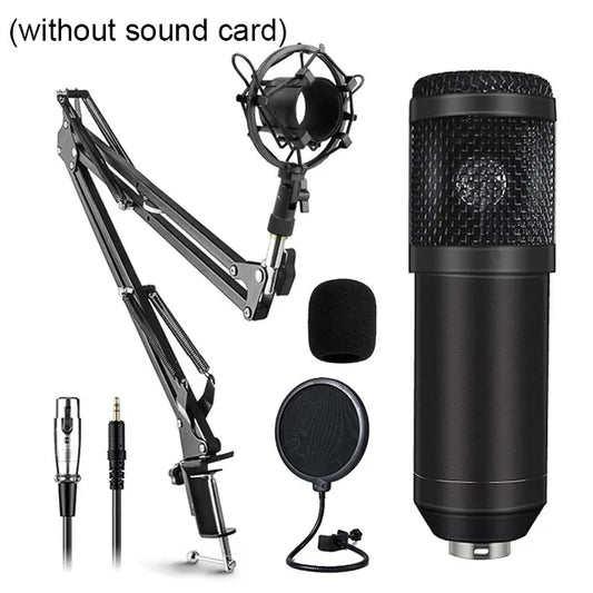 Black bm800 microphone kit with mesh grille, metallic base, suspension scissor arm, and shock mount for studio recording