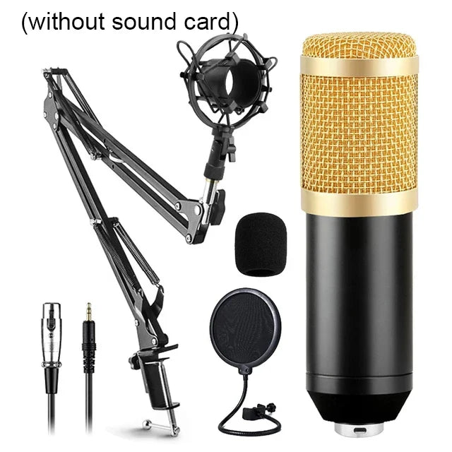 Gold and black bm800 microphone kits condenser microphone with mesh grille shock mount and suspension scissor arm for studio recording