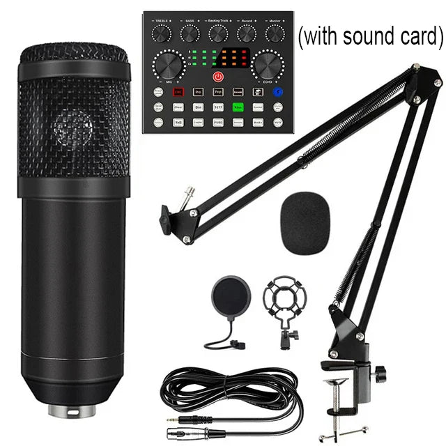 Black bm800 microphone kits with mesh grille silver base suspension scissor arm shock mount and pop filter for studio recording