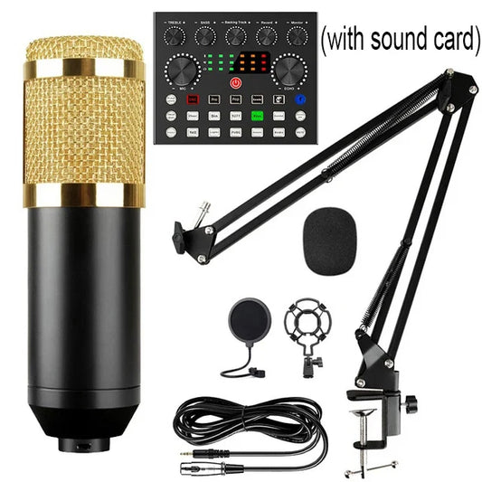 Gold mesh bm800 microphone kit with black body gold accents suspension scissor arm and optional sound card for studio recording