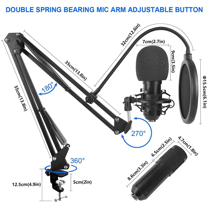 Black suspension scissor arm with adjustable button and 360-degree clamp for bm800 microphone kits and shock mount use