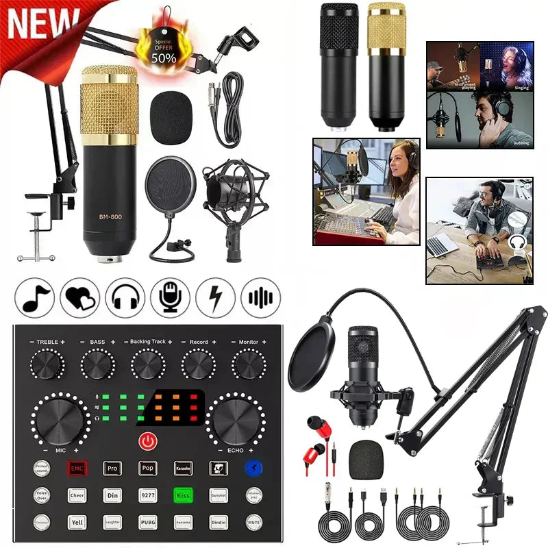Black and gold bm800 microphone kits with mesh grille suspension scissor arm and shock mount for studio recording
