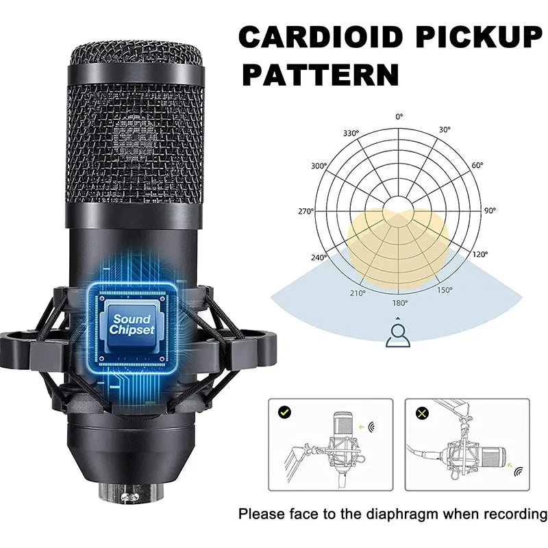 Black bm800 microphone kits with metallic mesh grille cardioid pattern suspension scissor arm and shock mount for studio recording