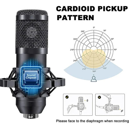Black bm800 microphone kits with metallic mesh grille cardioid pattern suspension scissor arm and shock mount for studio recording