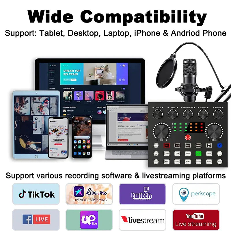 Black usb audio interface with multiple knobs led indicators for microphone recording in bm800 microphone kits with suspension scissor arm and shock mount