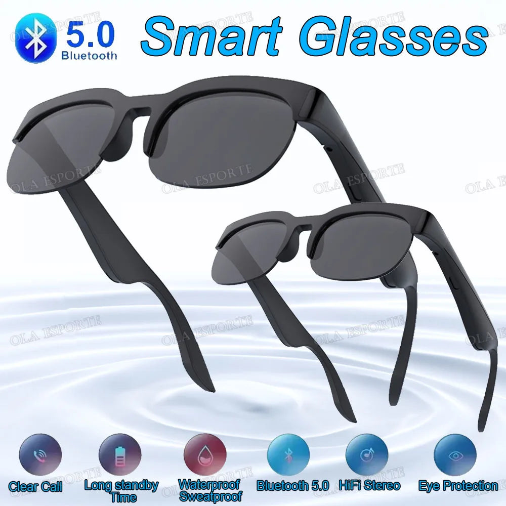 Black smart glasses with sleek design and dark tinted lenses featuring headphones wireless bluetooth and hifi audio glasses