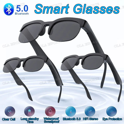 Black smart glasses with sleek modern frames dark tinted lenses featuring headphones wireless bluetooth and hifi audio glasses