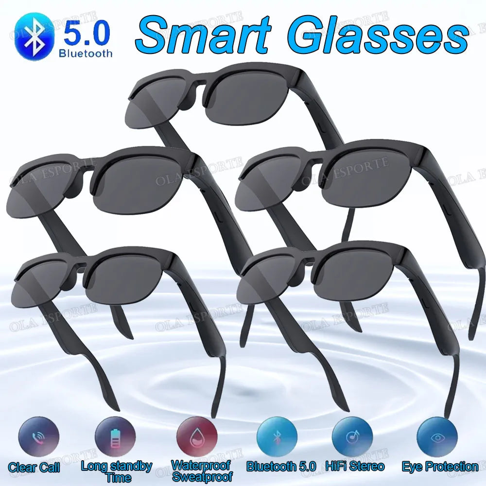 Black new camera control smart glasses with sleek frames and dark gray lenses featuring headphones wireless bluetooth