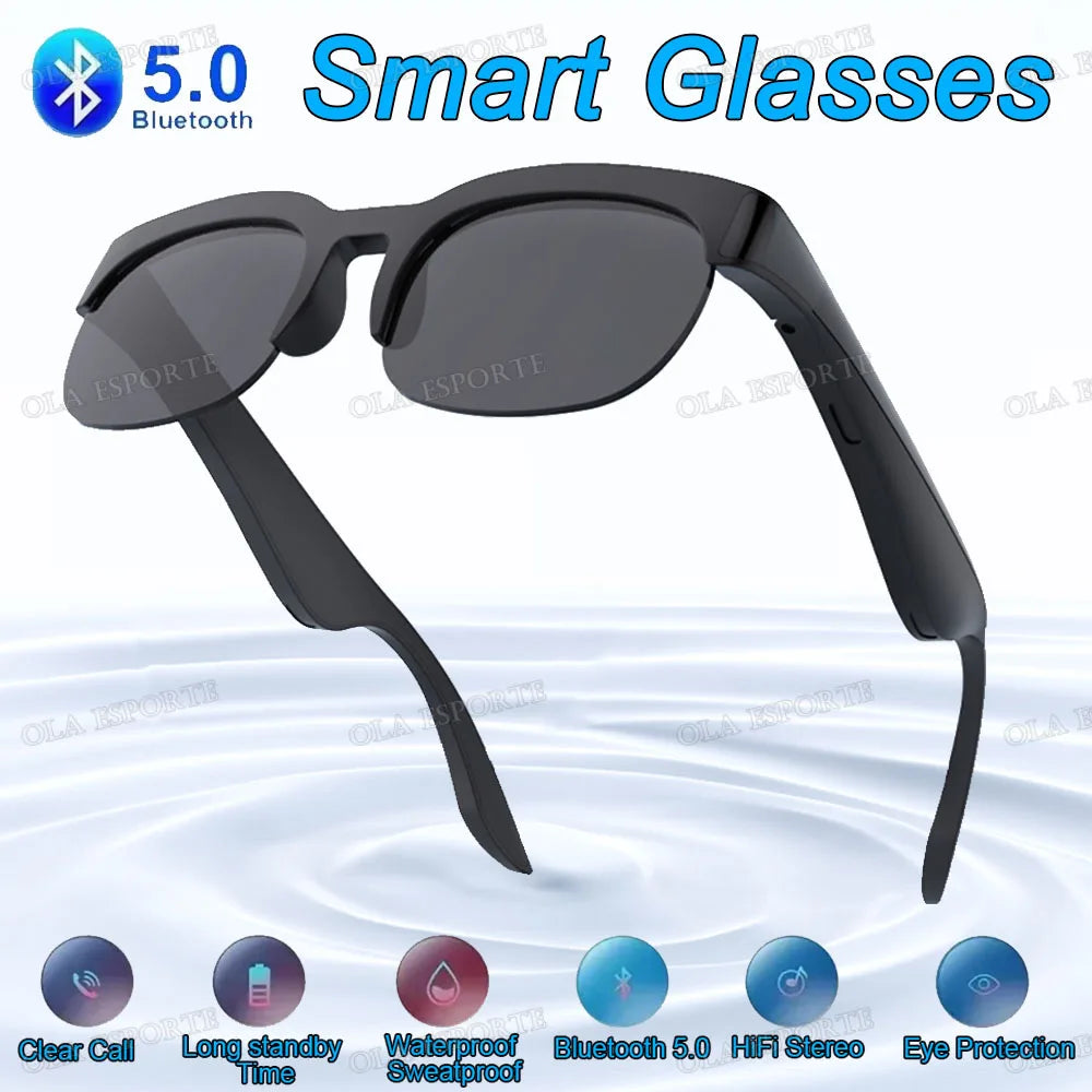 Black new camera control smart glasses with sleek design and dark tinted lenses feature headphones wireless bluetooth and hifi audio glasses