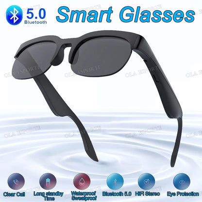 Black new camera control smart glasses with sleek design and dark tinted lenses feature headphones wireless bluetooth and hifi audio glasses