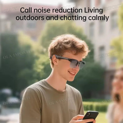 Black-framed headphones wireless bluetooth earbuds with integrated microphone for noise reduction in hifi audio glasses