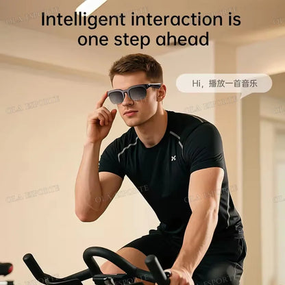 Black-framed new camera control smart glasses with sleek design and headphones wireless bluetooth for music and hifi audio