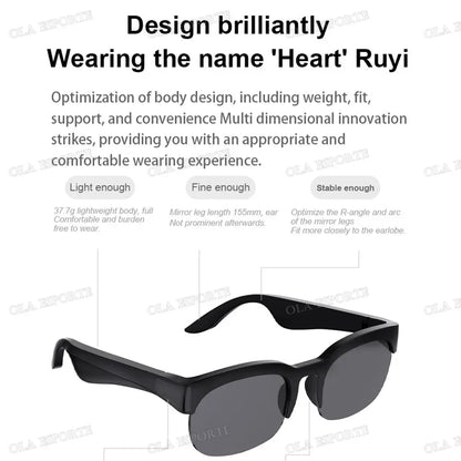 Black heart ruyi wireless earphone sunglasses with dark gray lenses feature headphones wireless bluetooth and hifi audio glasses