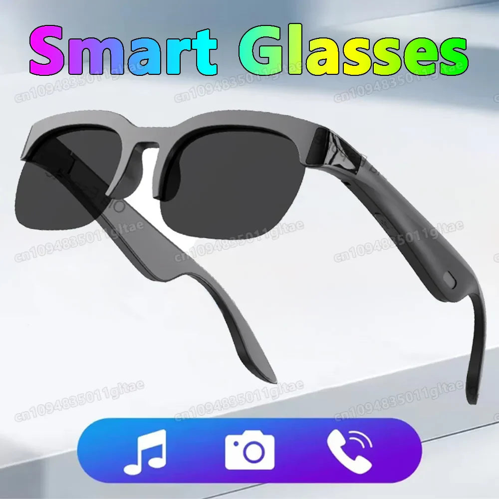 Black smart glasses with sleek design and dark lenses featuring headphones wireless bluetooth for hifi audio glasses use