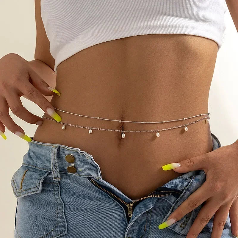 Delicate gold-toned belly chain with small pearl-like beads for women waist bead belt summer beach charm sexy double layer