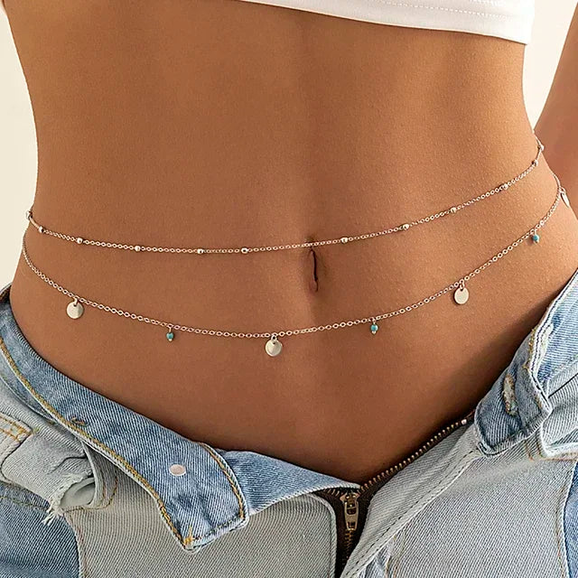 Gold-toned charm sexy double-layer butterfly chain with turquoise beads women waist bead belt summer beach accessory