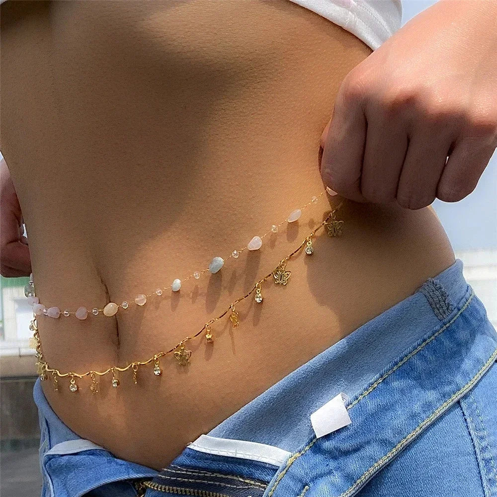 Gold-toned charm sexy double layer butterfly women waist bead belly chain with pink gemstones for belt summer beach wear