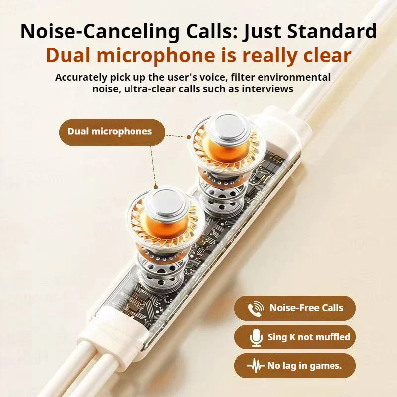 White clip-on type c and 3.5mm wired headphone 9d surround earbuds sports headsets with dual microphones and circuit board design