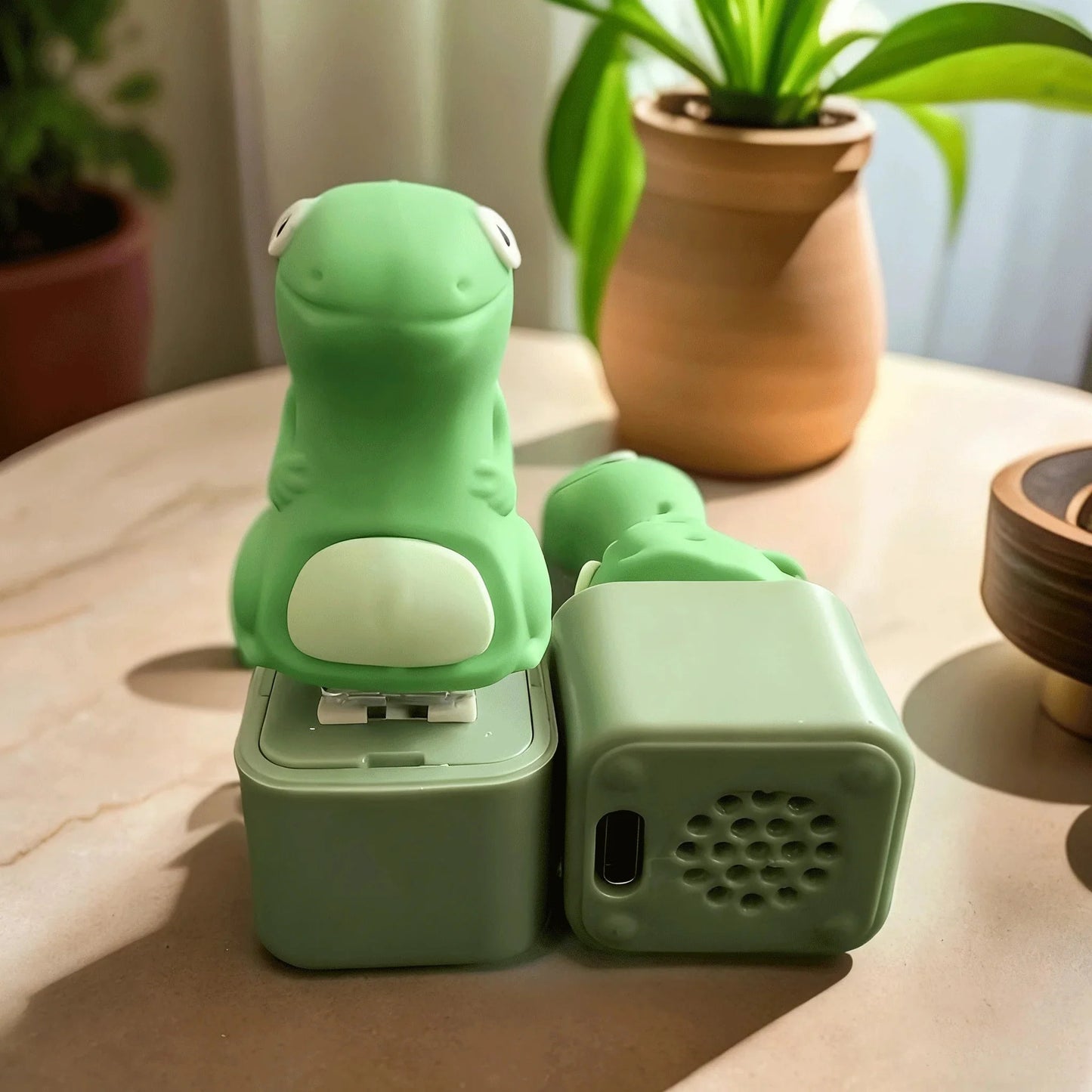 Green matte plastic croaking frog keychain with white eyes and light green belly for keyboard fidget clicker and frog lizard sound