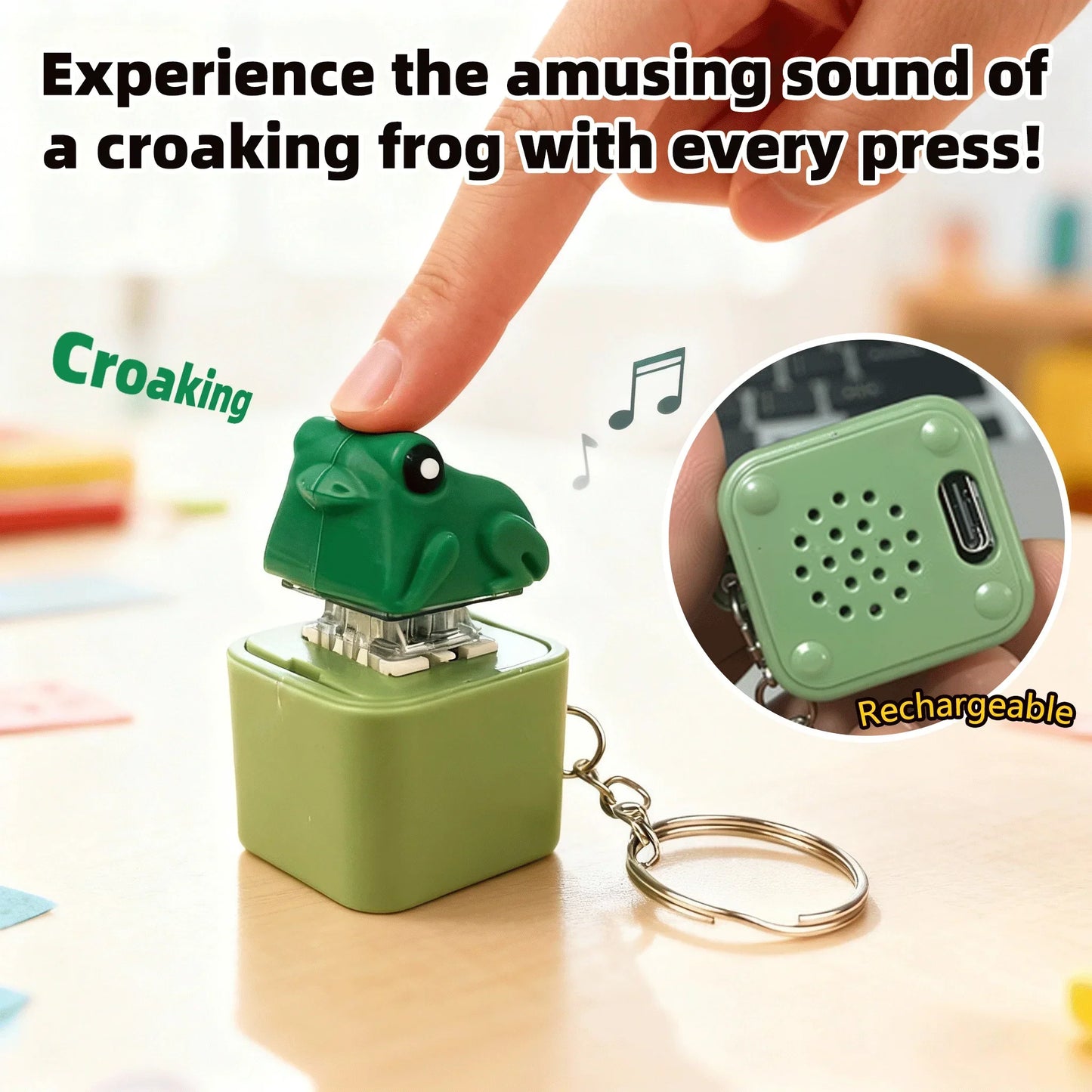 Green plastic croaking frog keychain with square base and rechargeable speaker for keyboard fidget clicker and frog lizard sound