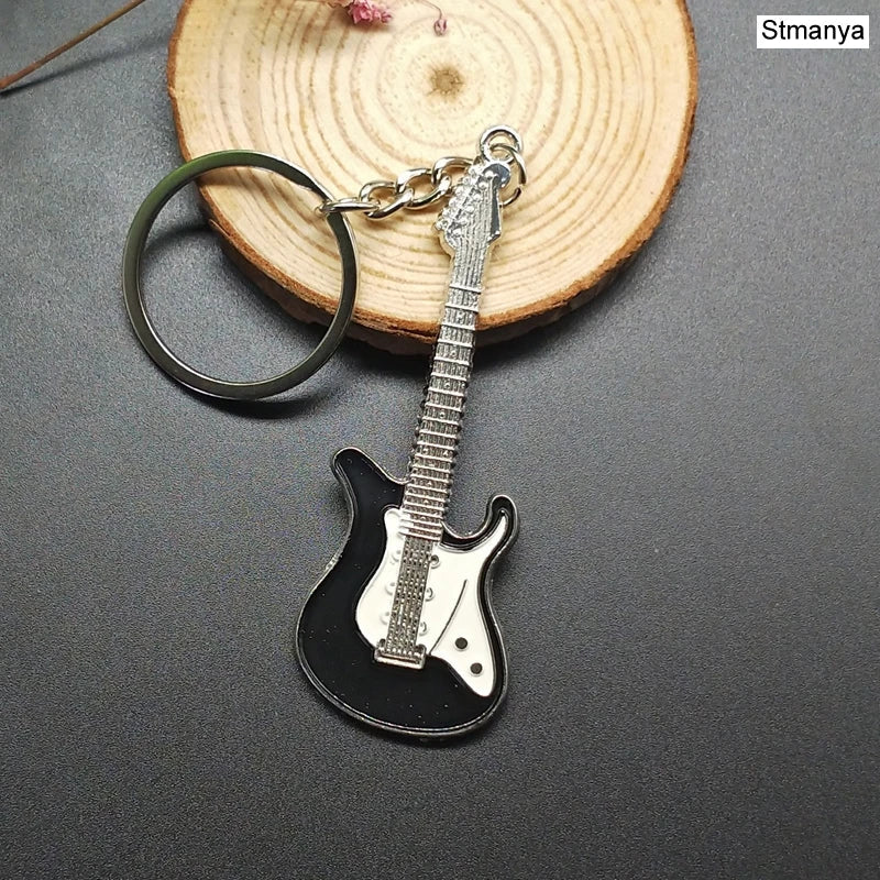 Black and silver classic guitar keychain with metallic finish guitar keychain car ring musical instruments pendant