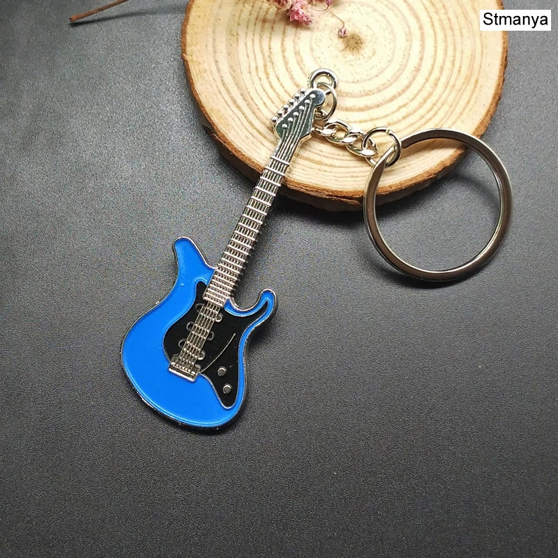 Blue and black enamel classic guitar keychain with silver-toned metal details for car key ring musical instruments gift