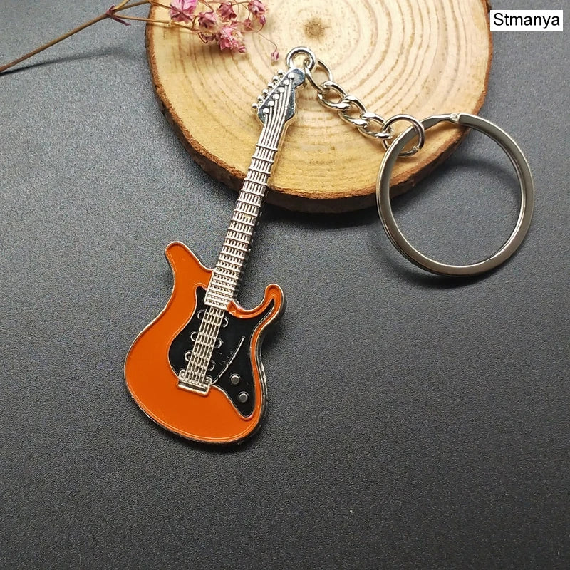 Orange and black enamel classic guitar keychain with silver metal details for guitar keychain car ring musical instruments gift