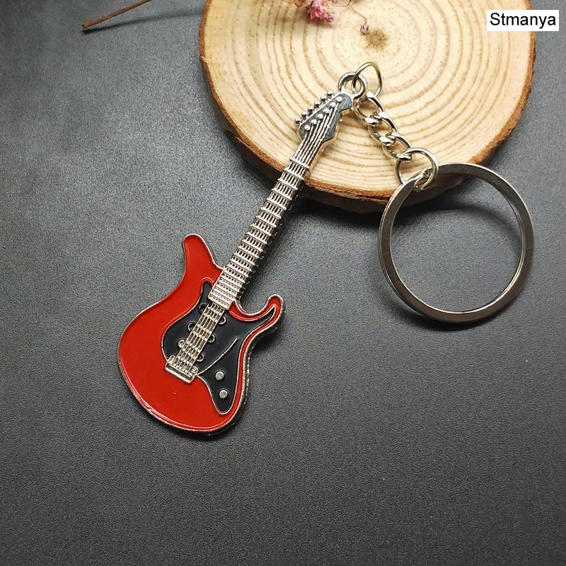 Red and black enamel classic guitar keychain with silver-toned metal details for car key ring musical instruments gift
