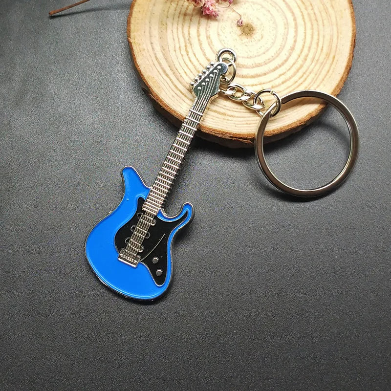 Blue and black enamel classic guitar keychain with silver-toned metal details for car keys and ring musical instruments gift