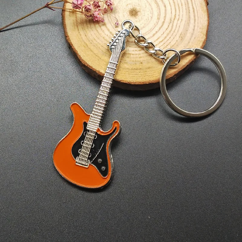 Orange and black enamel classic guitar keychain with silver metal details for ring musical instruments gift and car use